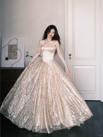 A Line Sweetheart Neck Champagne Satin Sequin Prom Dress Party Dresses HZ1023